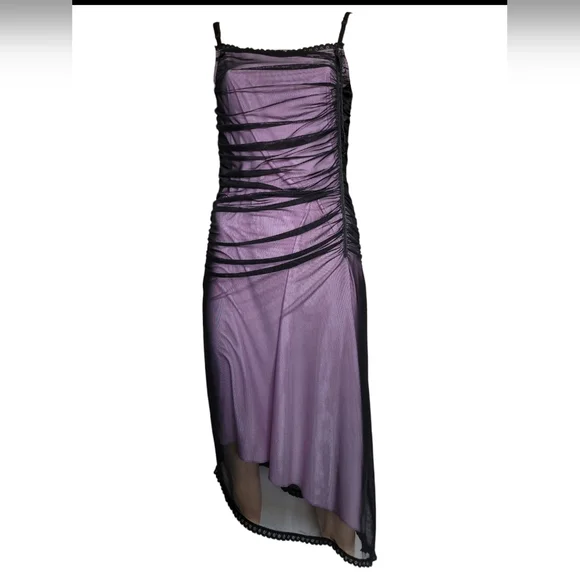 Vintage 90s Whimsigoth Lilac Slip Dress Black Mesh Overlay Asymmetrical Large - Picture 3 of 15